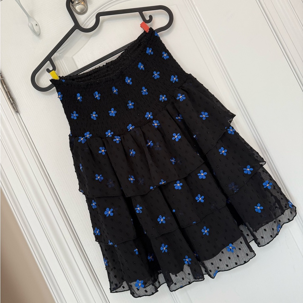 Maje Black and Blue Tiered Skater Mini Skirt